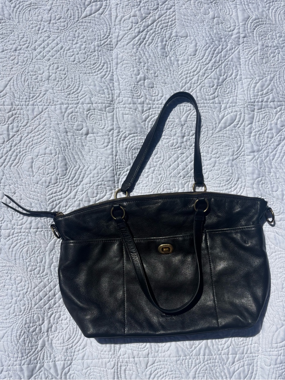 Women's Black Leather Shoulder Bag with Turn-Lock Accent